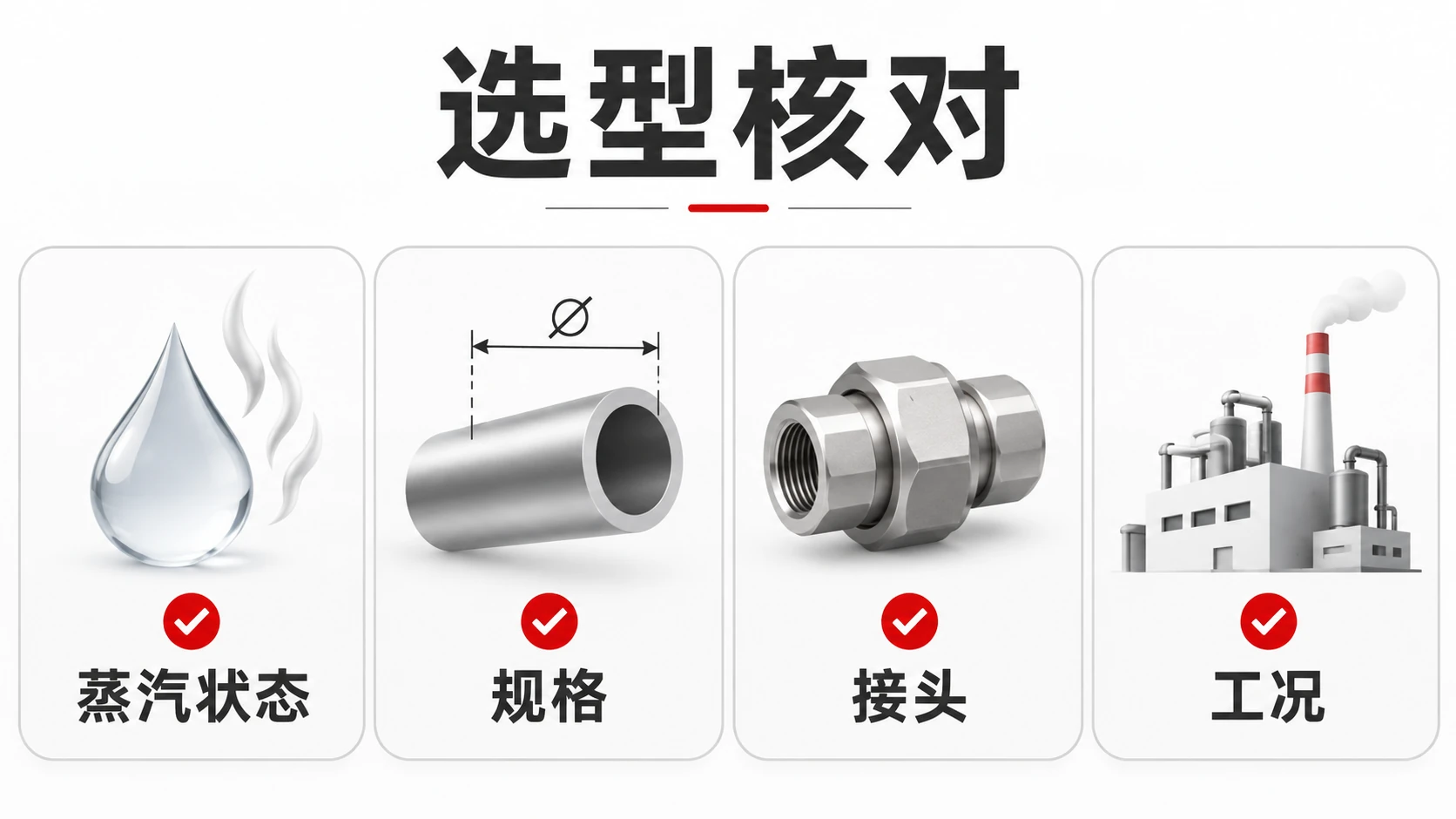 340AH 蒸汽软管选型核对项目，包括蒸汽状态、规格、接头与工况