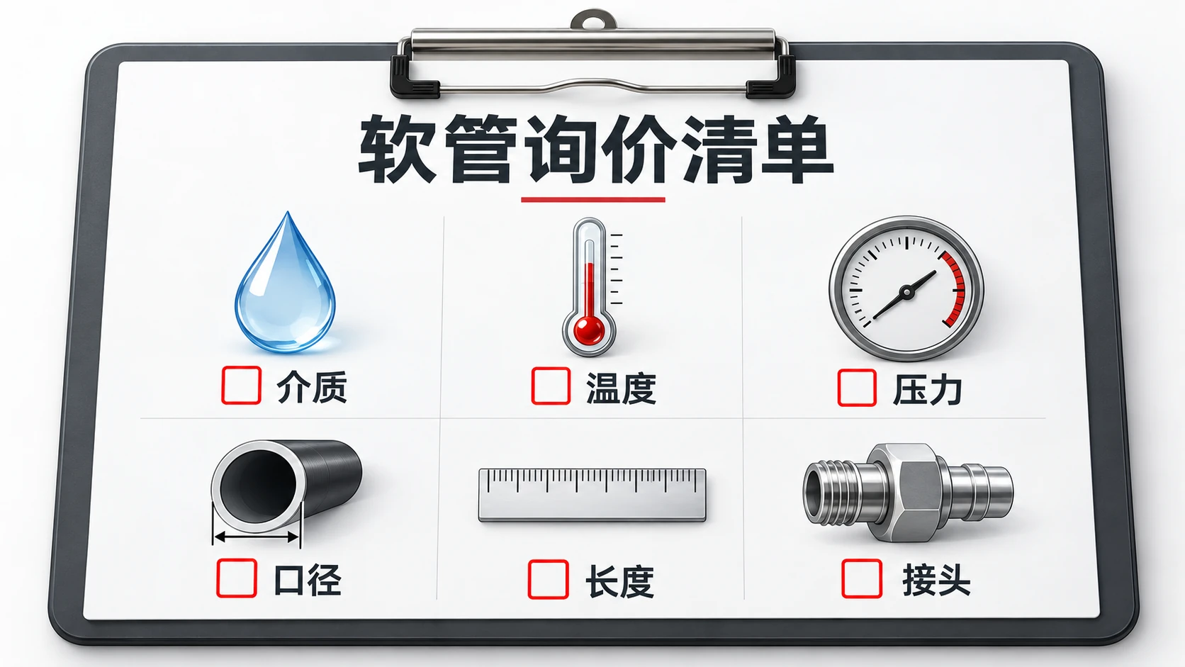 软管询价应提供介质、温度、压力、口径、长度与接头信息