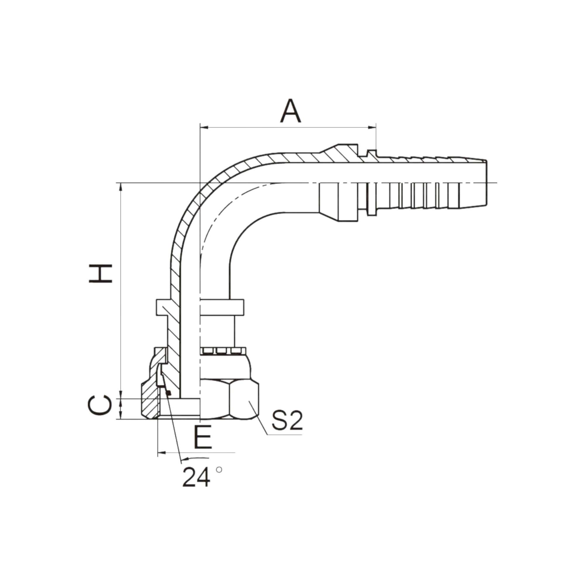 90°公制内螺纹24°锥带O形圈轻系列  20491-XX-XX