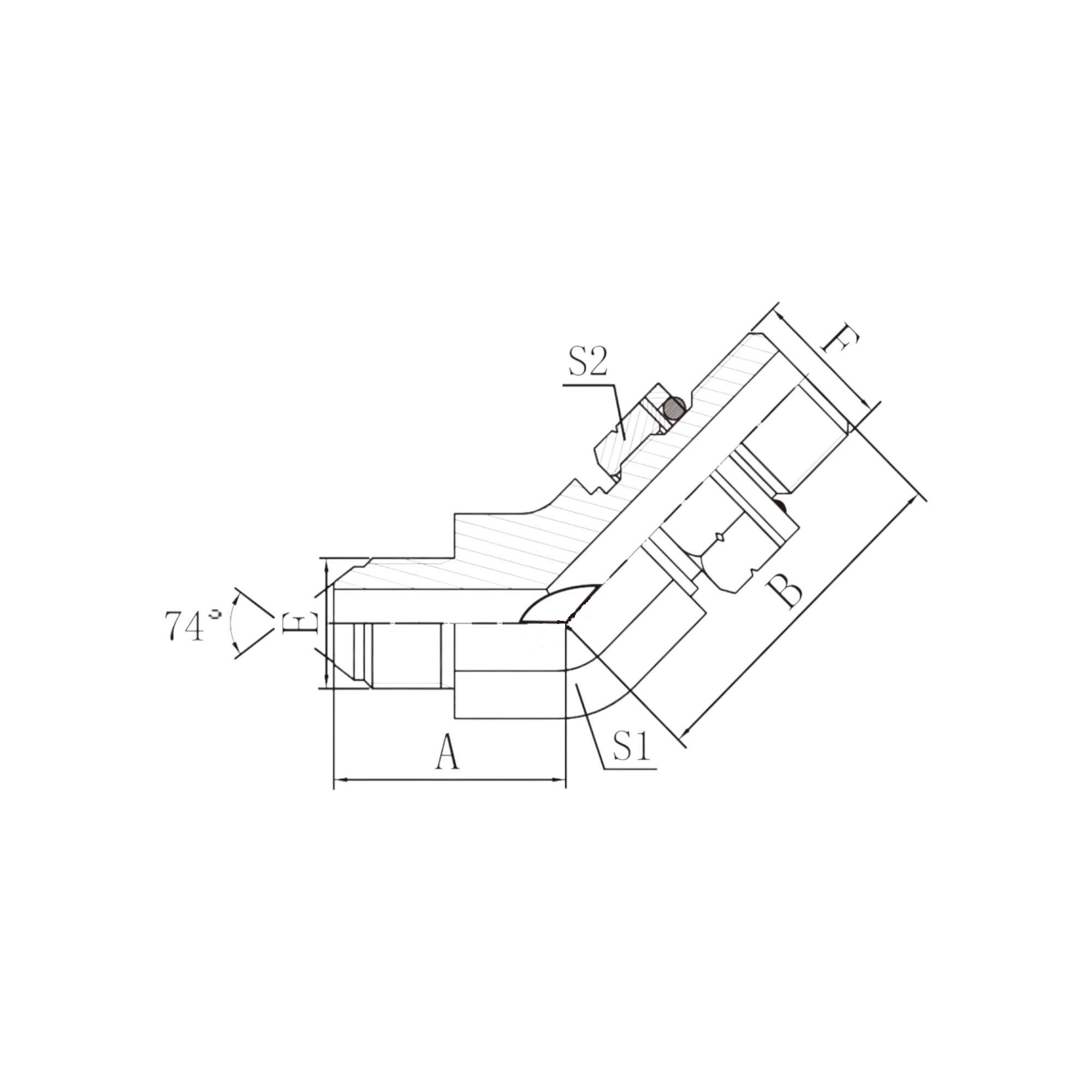JIC外螺纹74°外锥/SAE外螺纹O形圈 轻系列ISO 11926-3 45° 弯   1JO4-OG